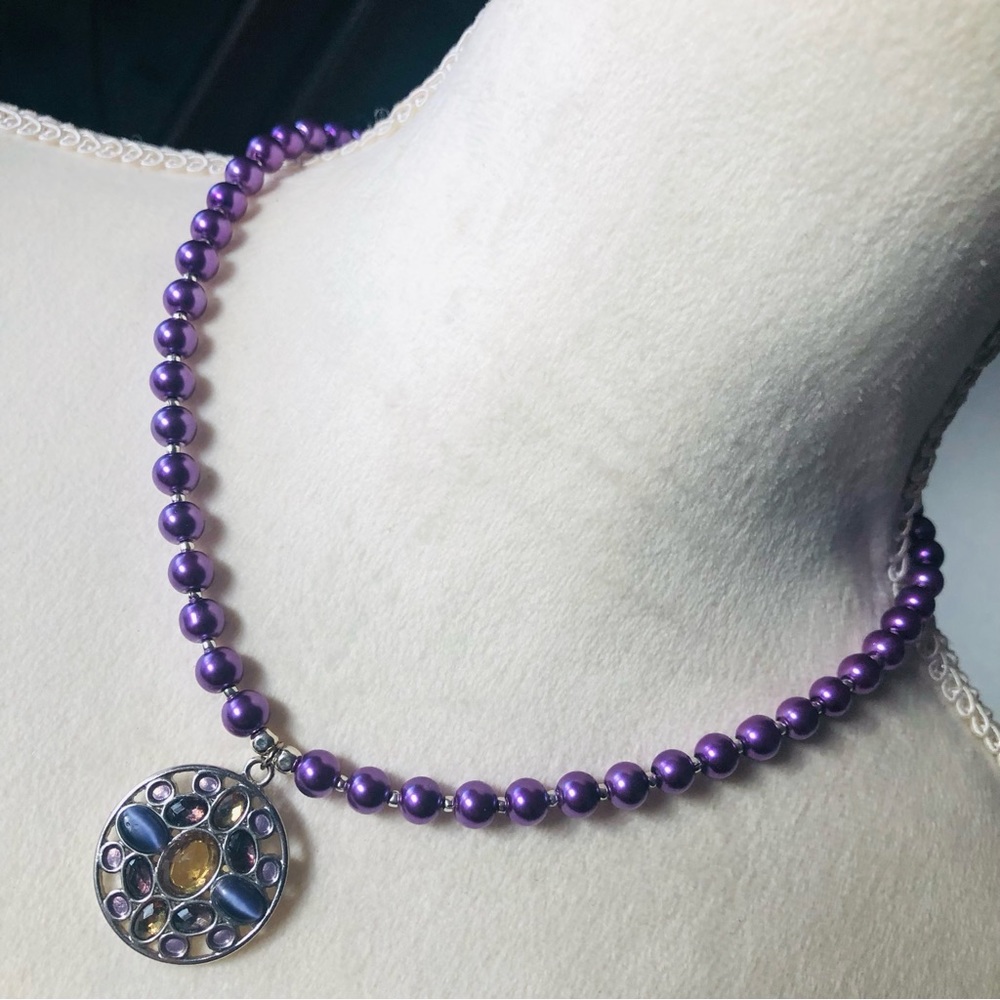 Handcrafted repurpose multi tone stone pendant Czech glass Pearl necklace